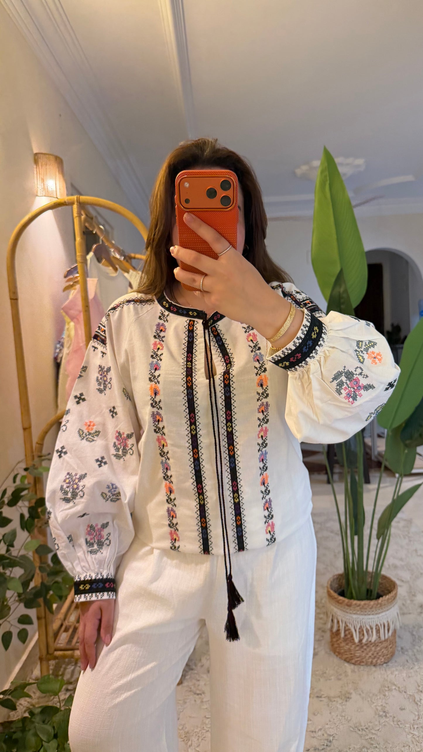 White Floral Embroidered Blouse With Black Dantel
