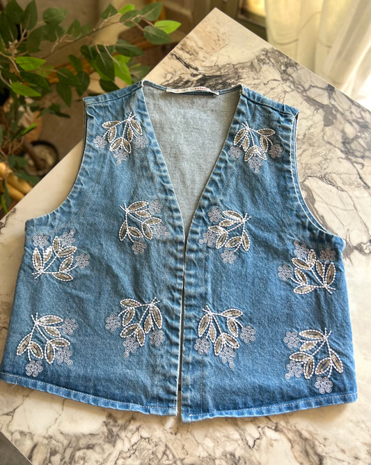 Blue Jeans Leaves Embroidered Vest