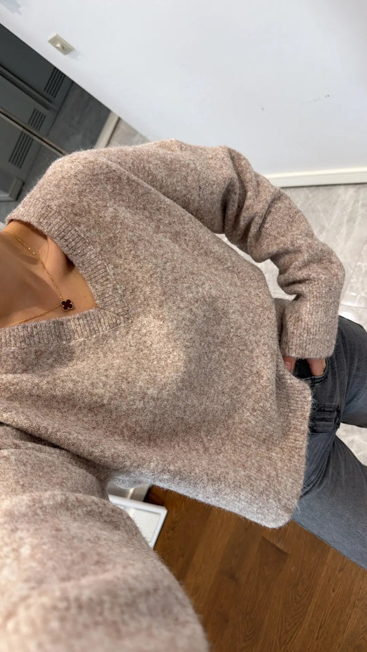 Beige V Neck Pullover