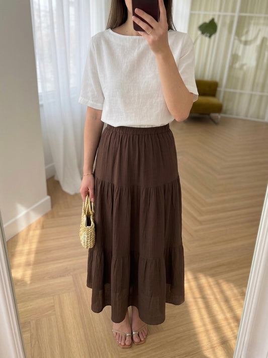 Brown Cotton Elastic Waist Skirt