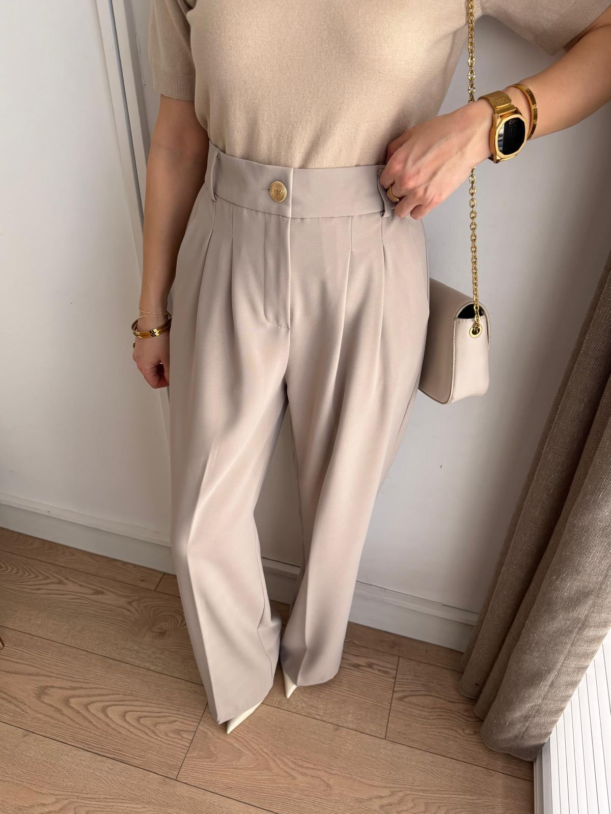 Beige Classic Pants With Golden Button