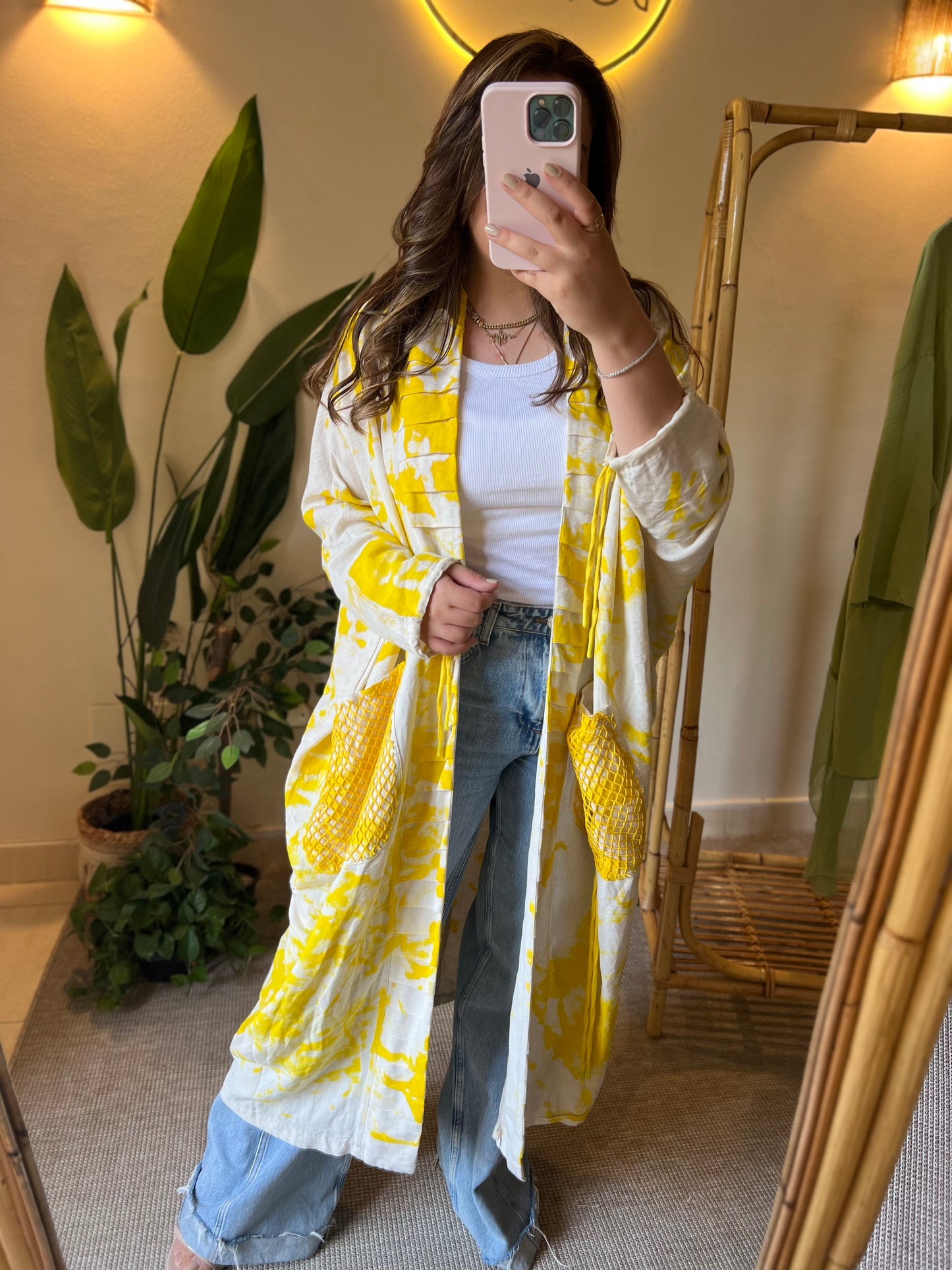 Linen Yellow X Beige Kimono With Pockets & Fishnet Details