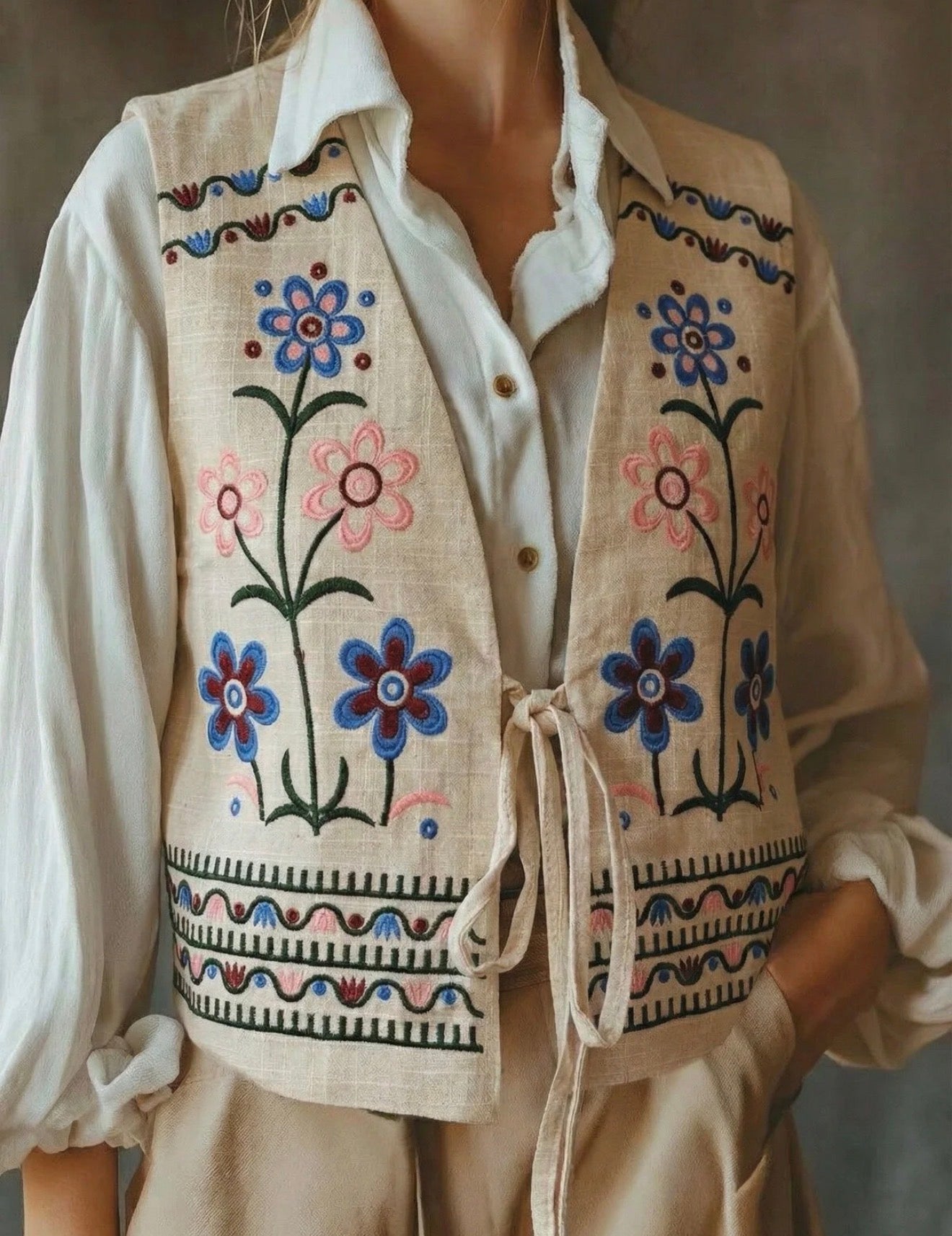 Beige Floral Embroidered Vest