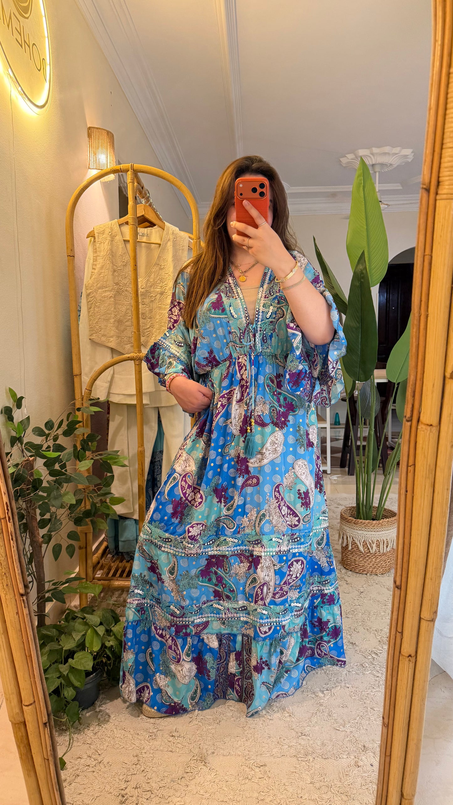 The Italian Blue Purple Paisly Dress With Embroidery & Tassels