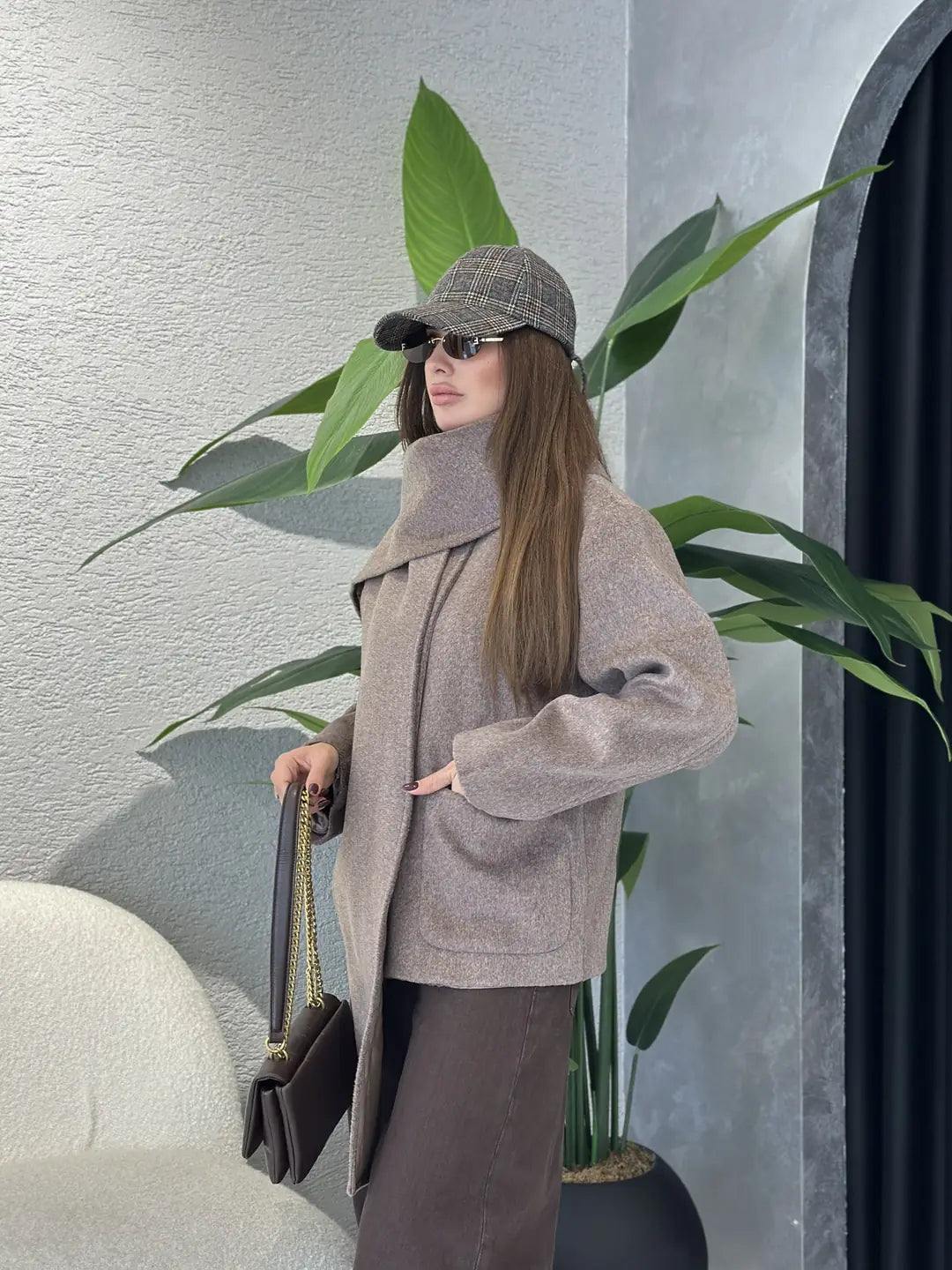 Cafe Wool Jacket With Pockets & Detachable Scarf