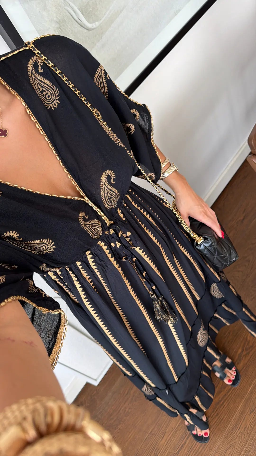 Black Cotton Paisley Dress With Golden Pearls & Threads
