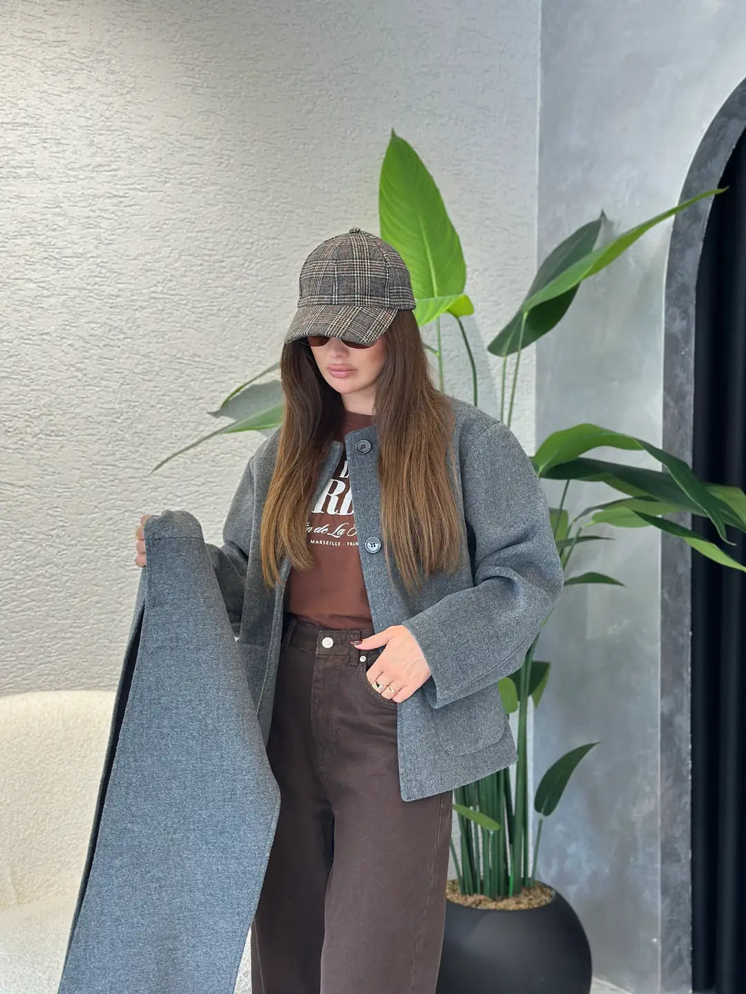 Grey Wool Jacket With Pockets & Detachable Scarf