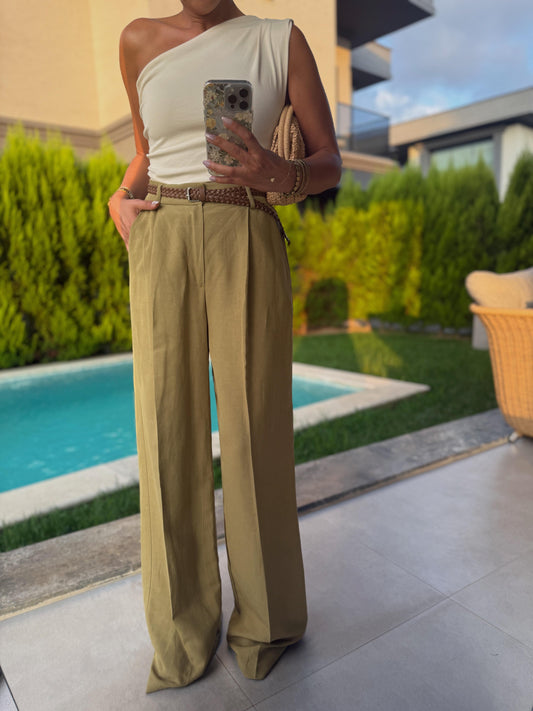 Saffron Yellow Linen Pants With Leather Belt