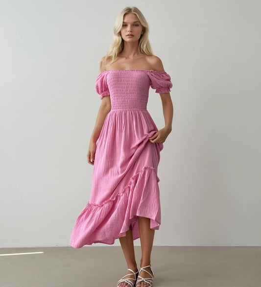Pink Puff Off-Shoulder Sleeves Dress