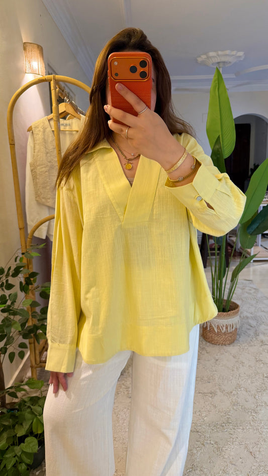 Yellow Premium Linen V Neck Shirt