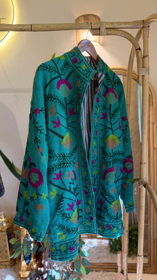 Aqua Green X Fuchsia Suzani Embroidered Long Jacket