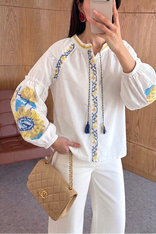Blue Yellow Embroidered Blouse