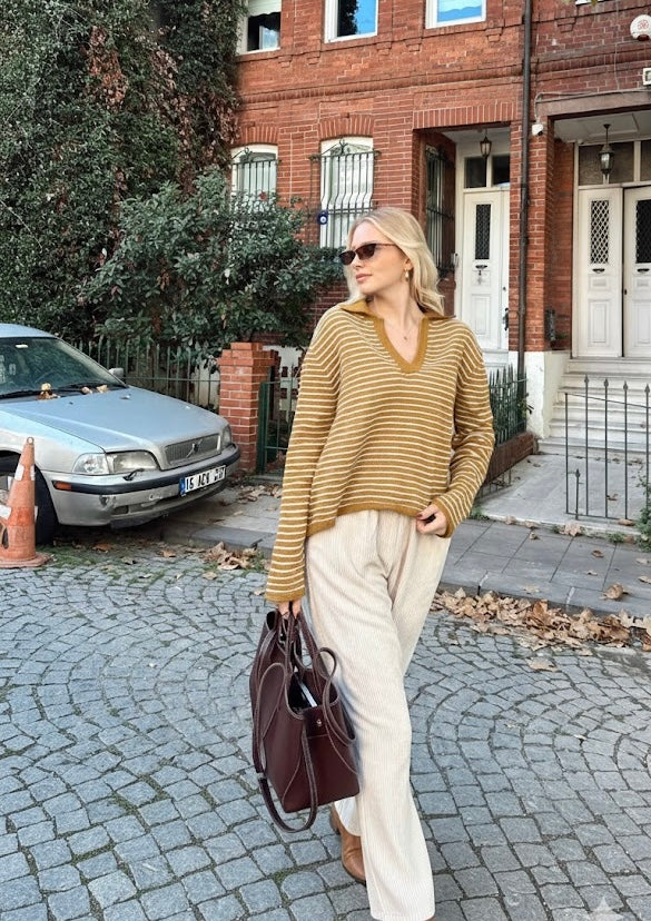 Yellow Ginger Striped Pullover With Polo Collar