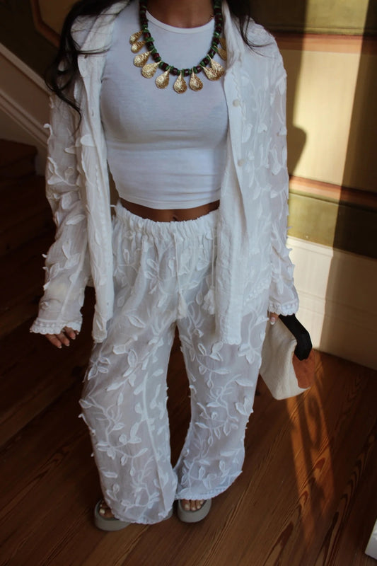 White Floral Petals Straight Leg Pants