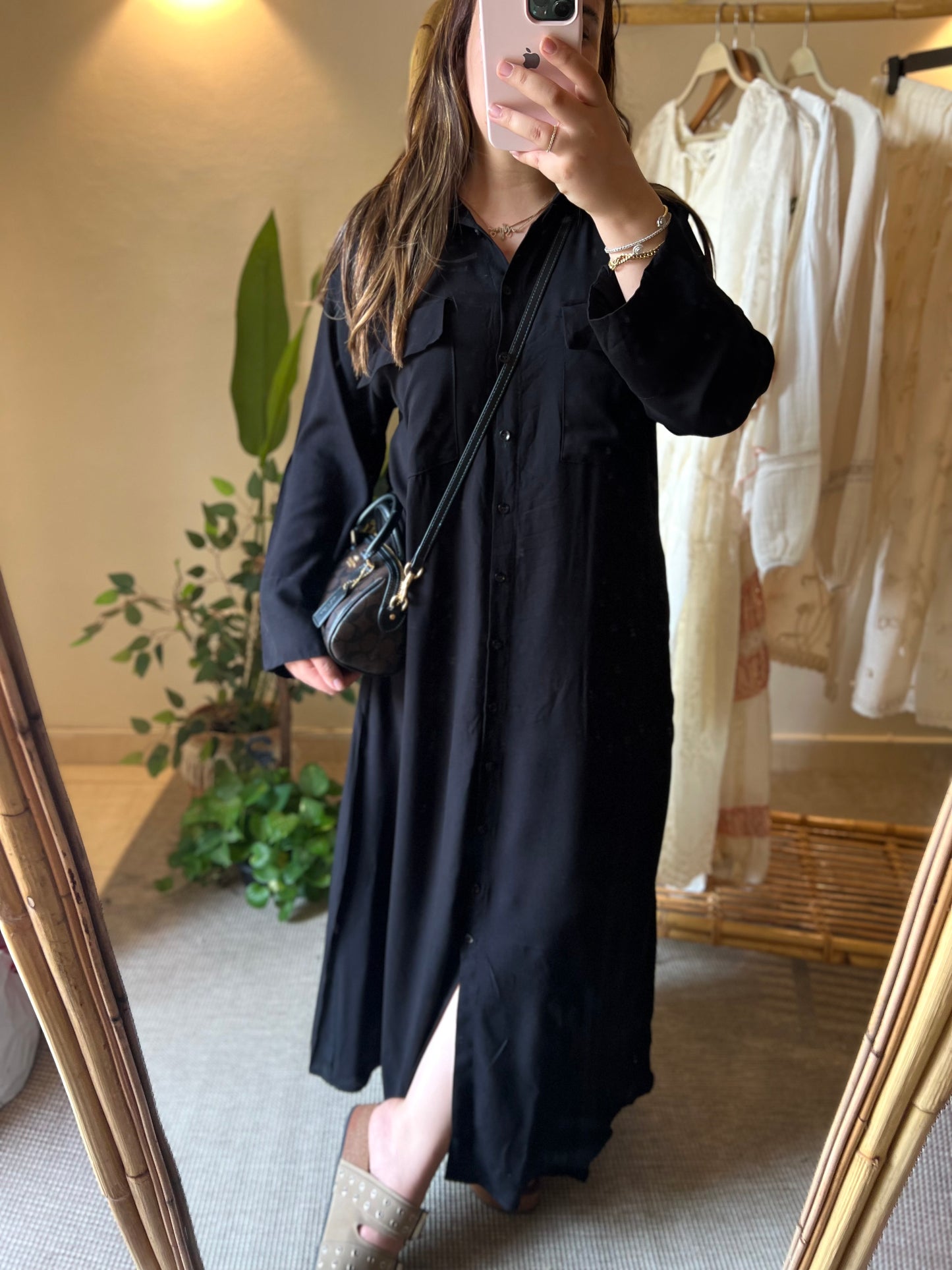 Black Linen Shirt Dress With Pockets
