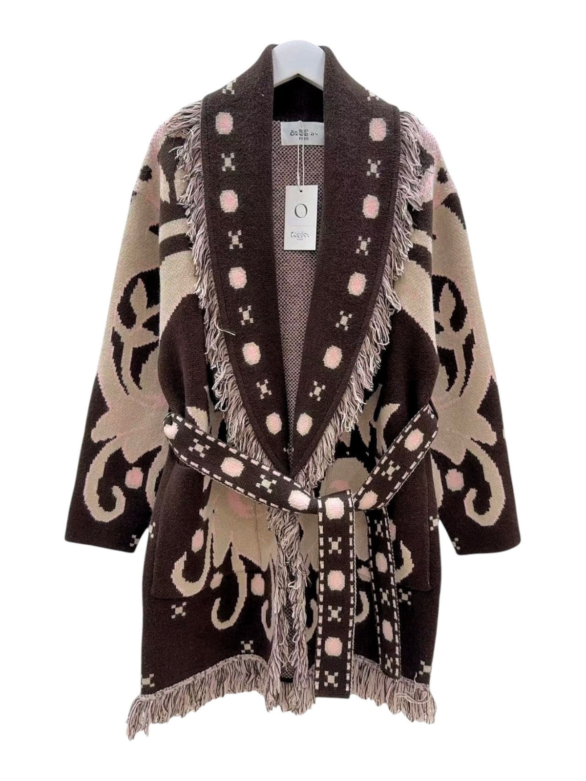 The French Brown Fringes Cardigan With Belt & Pockets