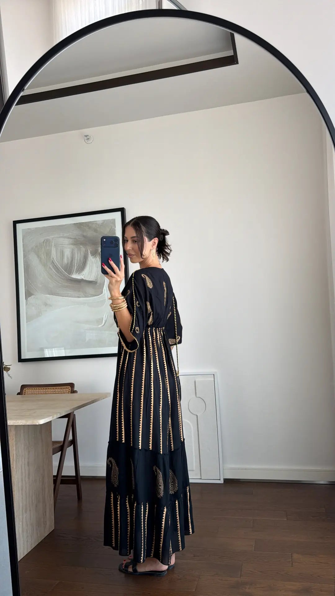 Black Cotton Paisley Dress With Golden Pearls & Threads