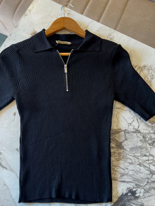 Black Quarter-Zip Neck Ribbed Top