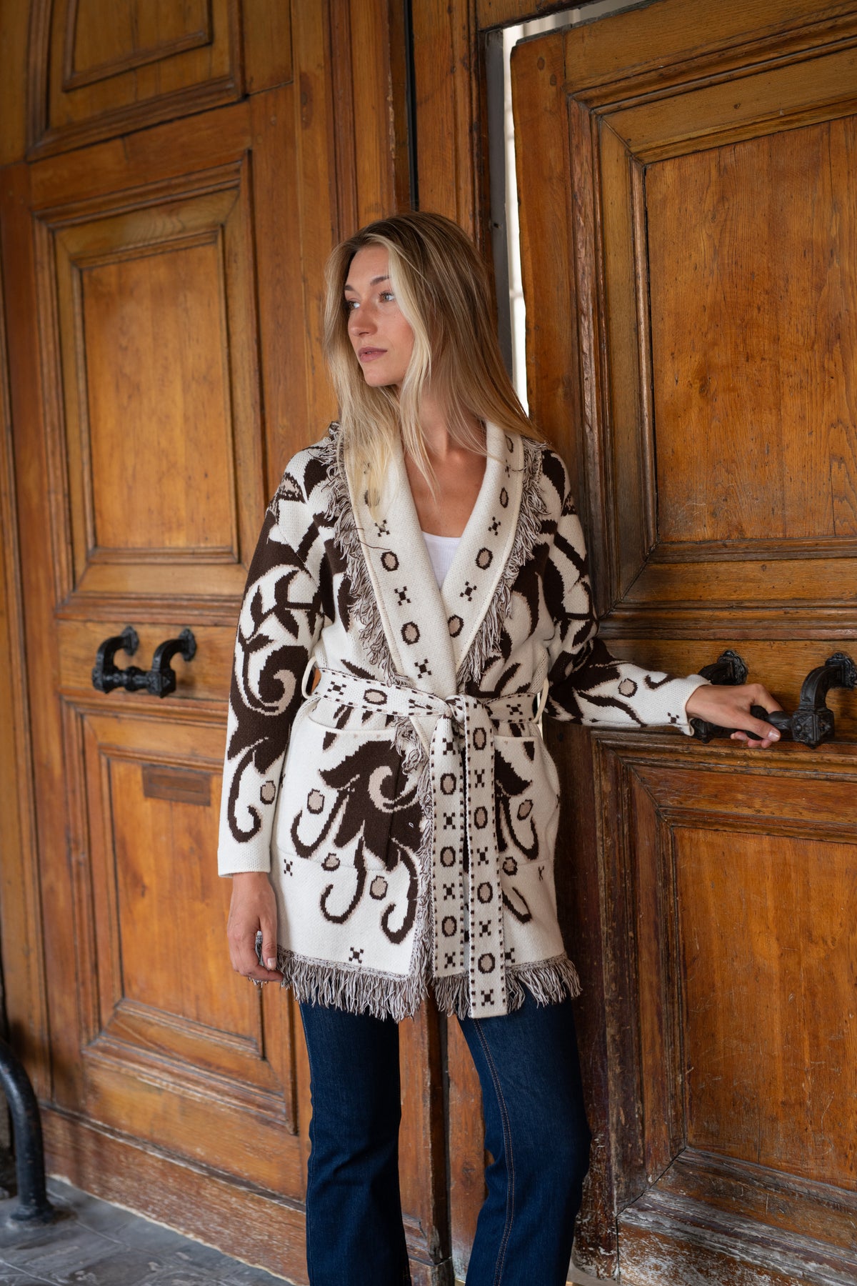 The French Beige Fringes Cardigan With Belt & Pockets