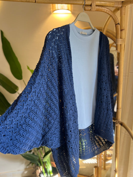 Navy Crochet Butterfly Sleeve Kimono