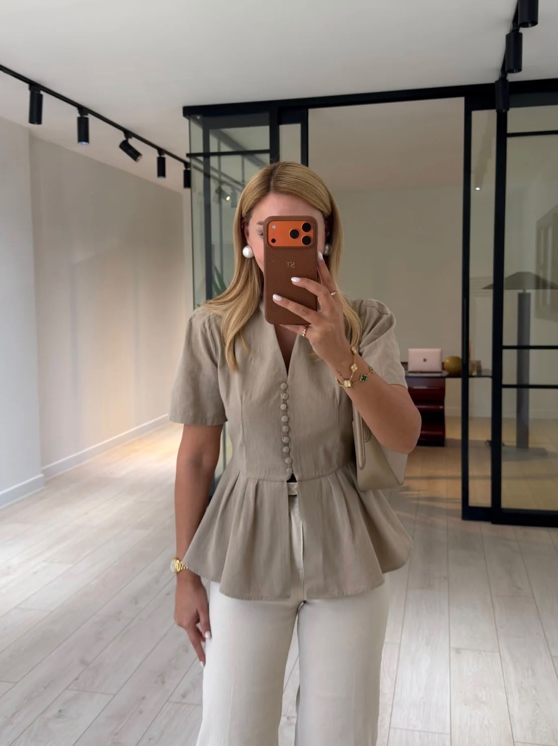 Olive Linen Half Sleeves Blouse