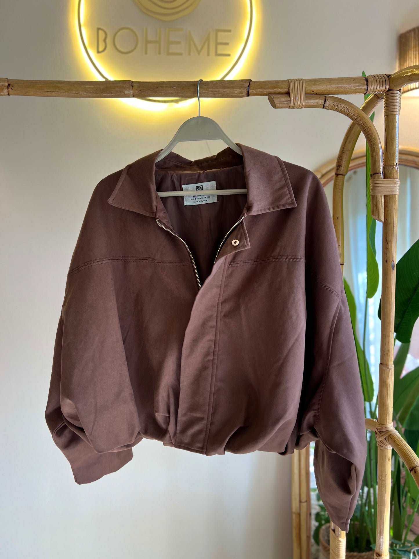 Camel Suede Jacket With Golden Zipper