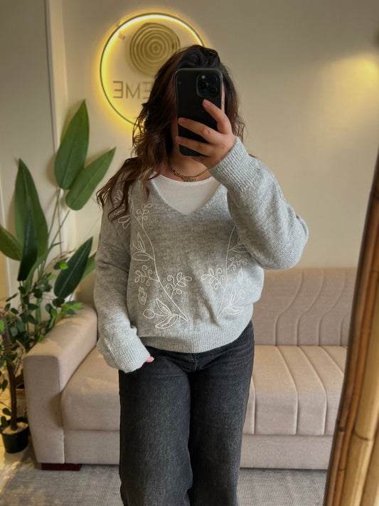 Grey Embroidered V Neck Pullover