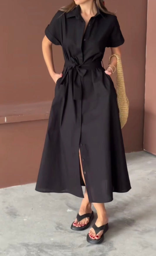 Black Linen Belted Dress
