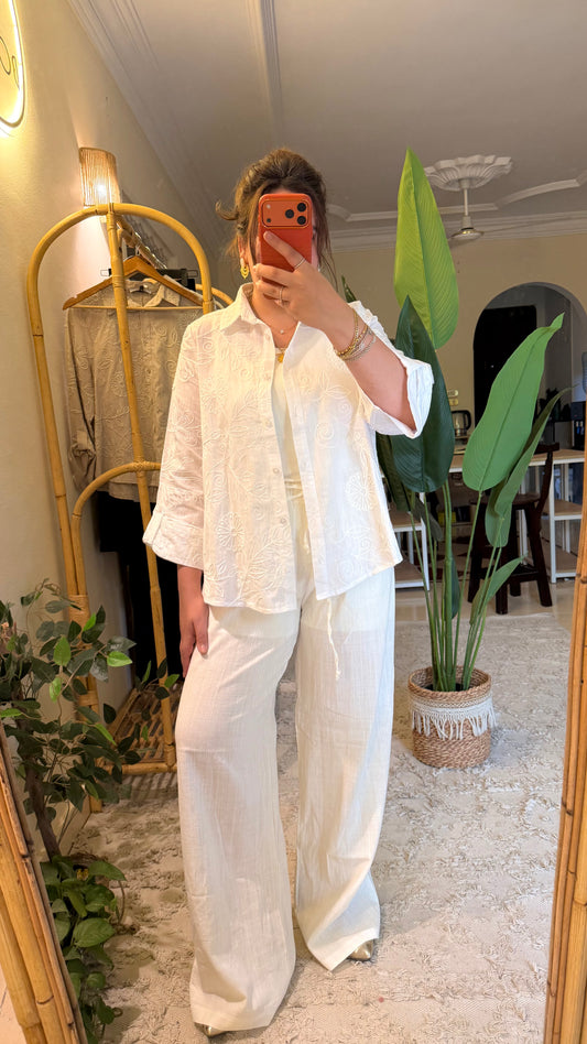 White Floral Embroidered Cotton Shirt