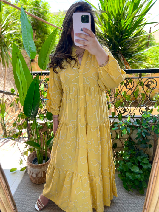 Yellow Gold Embroidered Cotton Wide Dress