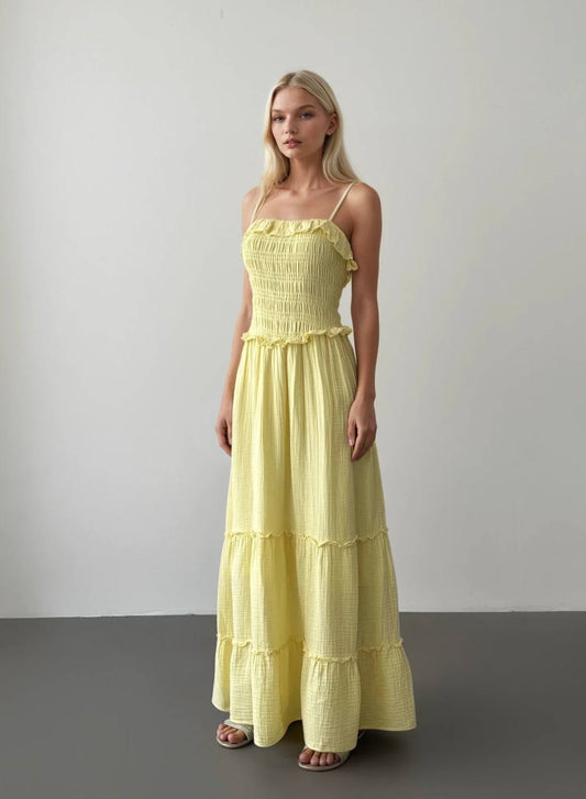 Yellow Cotton Straps Dress With Ruffles