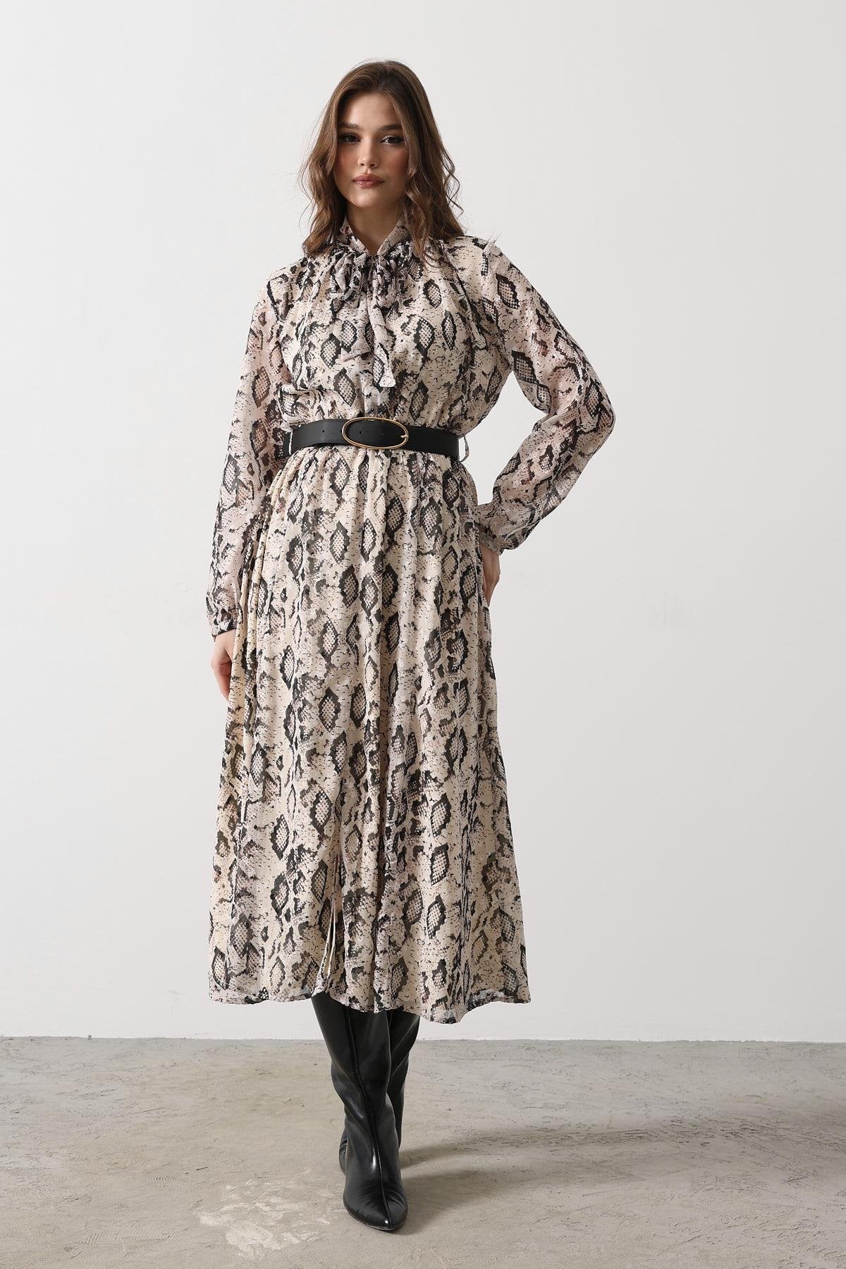 Snakeskin Chiffon Belted Dress
