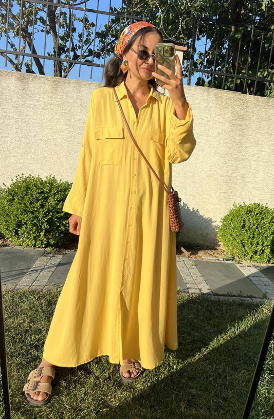 Yellow Linen Shirt Dress With Pockets
