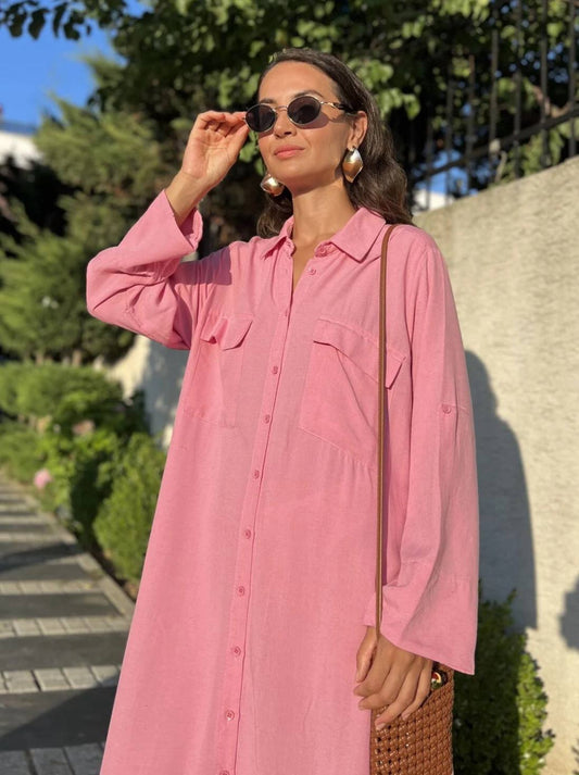 Pink Linen Shirt Dress With Pockets