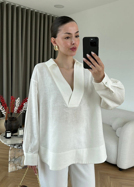 Off White Premium Linen V Neck Shirt