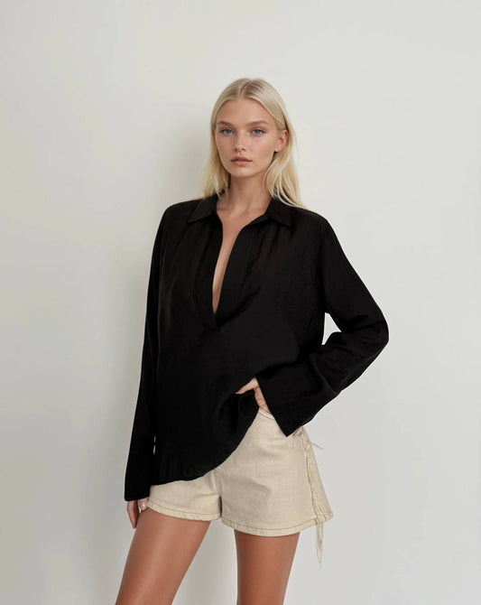 Black V Neck Collar Blouse