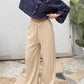 Crinkled Beige Wide Pants With Elastic Waist