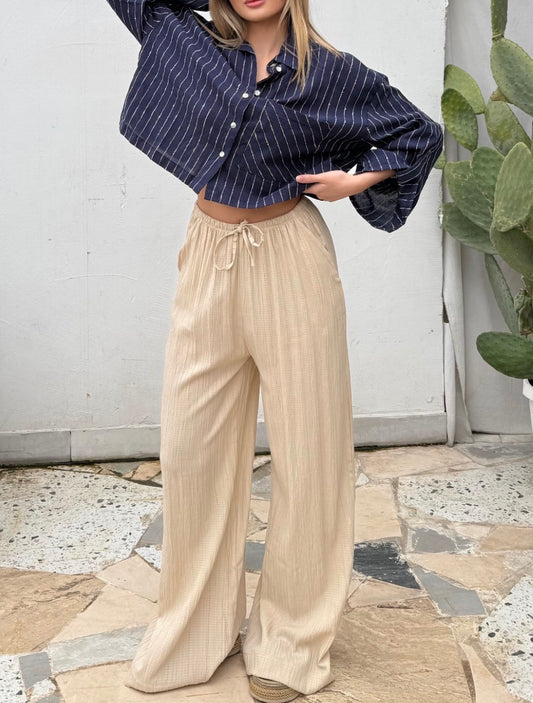 Crinkled Beige Wide Pants With Elastic Waist