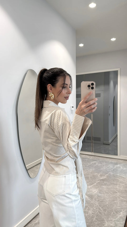 Striped White Tie Wrap Shirt
