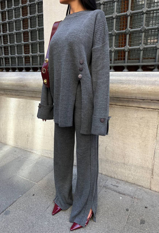 Grey Ribbed Triko Set With Slits & Buttons