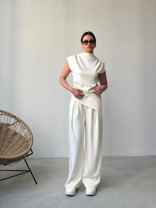 Off White Draped Asymmetric Top Set