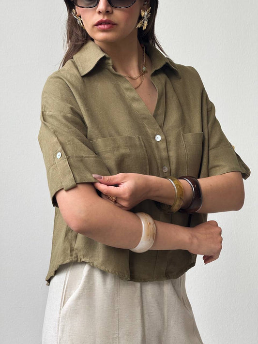 Olive Linen Half Sleeves Shirt