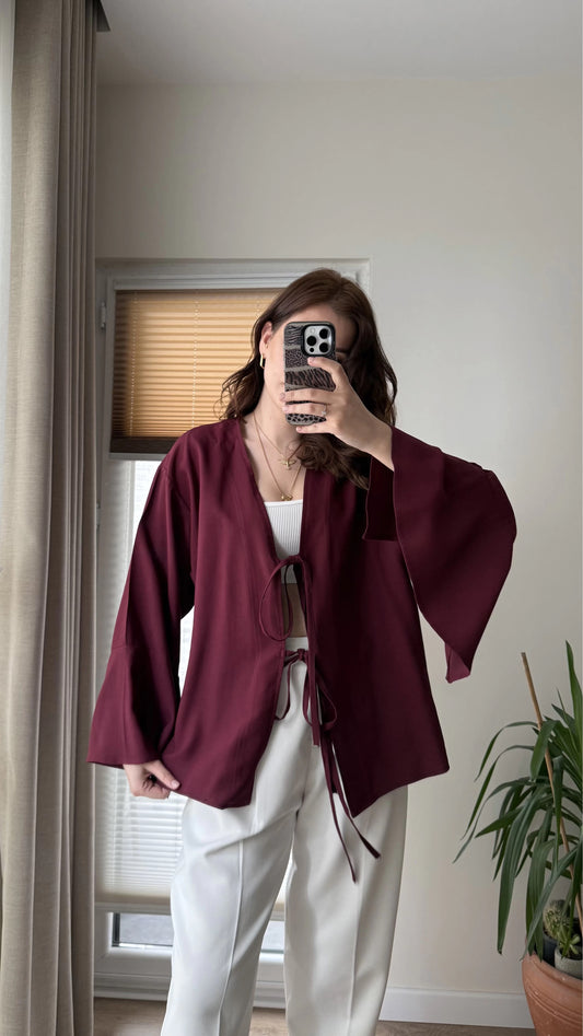 Burgundy Linen Kimono With Front Ties & Bell-Sleeves