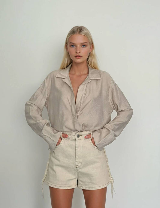 Beige V Neck Collar Blouse