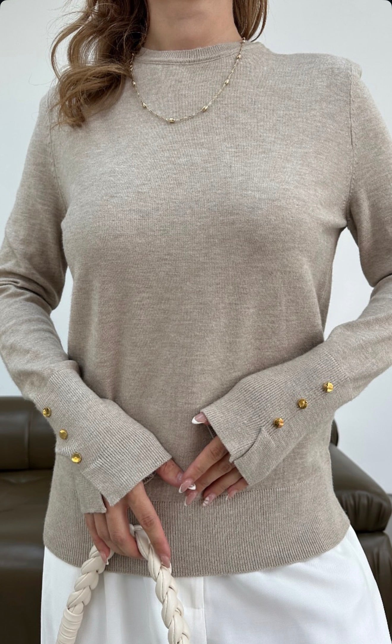 Beige Basic Triko Top With Golden Buttons