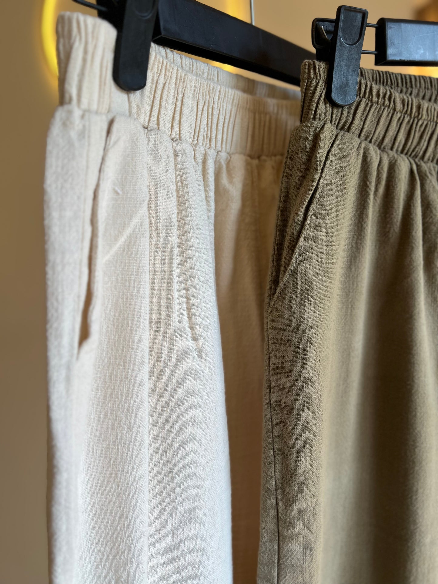 Dark Olive Linen Straight Leg Pants With Elastic Waist