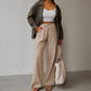 Premium Khaki Linen Straight Leg Pants With Elastic Wais