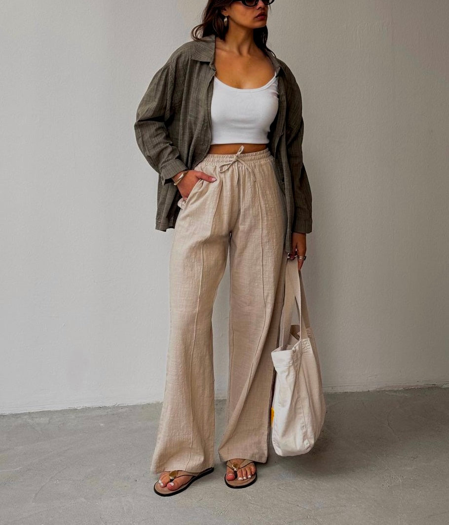 Premium Khaki Linen Straight Leg Pants With Elastic Wais