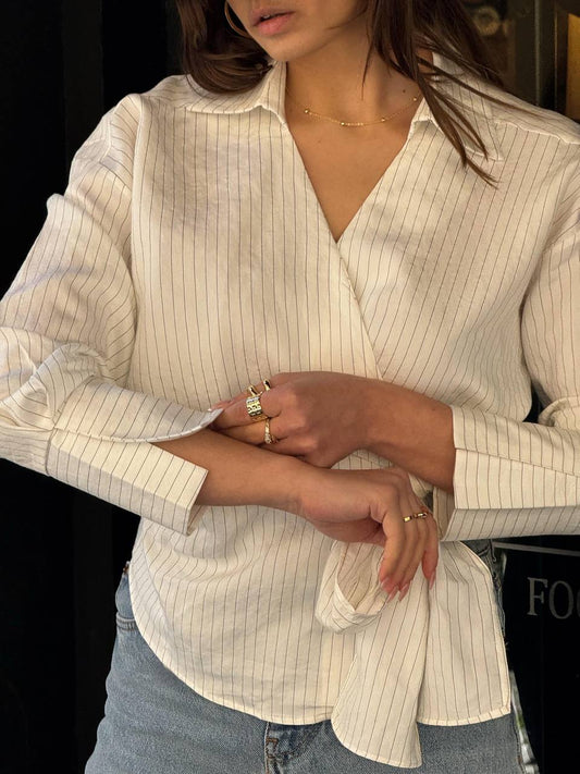 Striped White Tie Wrap Shirt