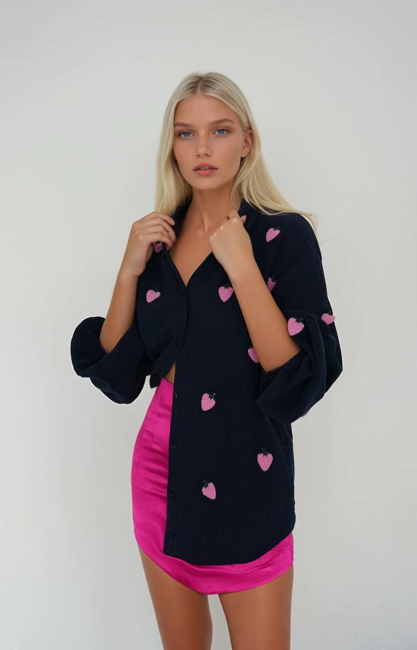 The Navy Pink Strawberry Embroidered Shirt